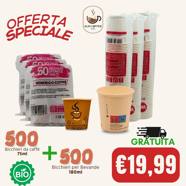 500 Bicchieri da caffè 75ml + 500 Bicchieri per bevande 180ml